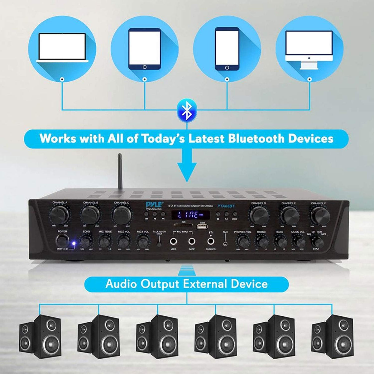 Wireless Bluetooth Stereo Receiver Amp 6 Channel 600Watt L5585