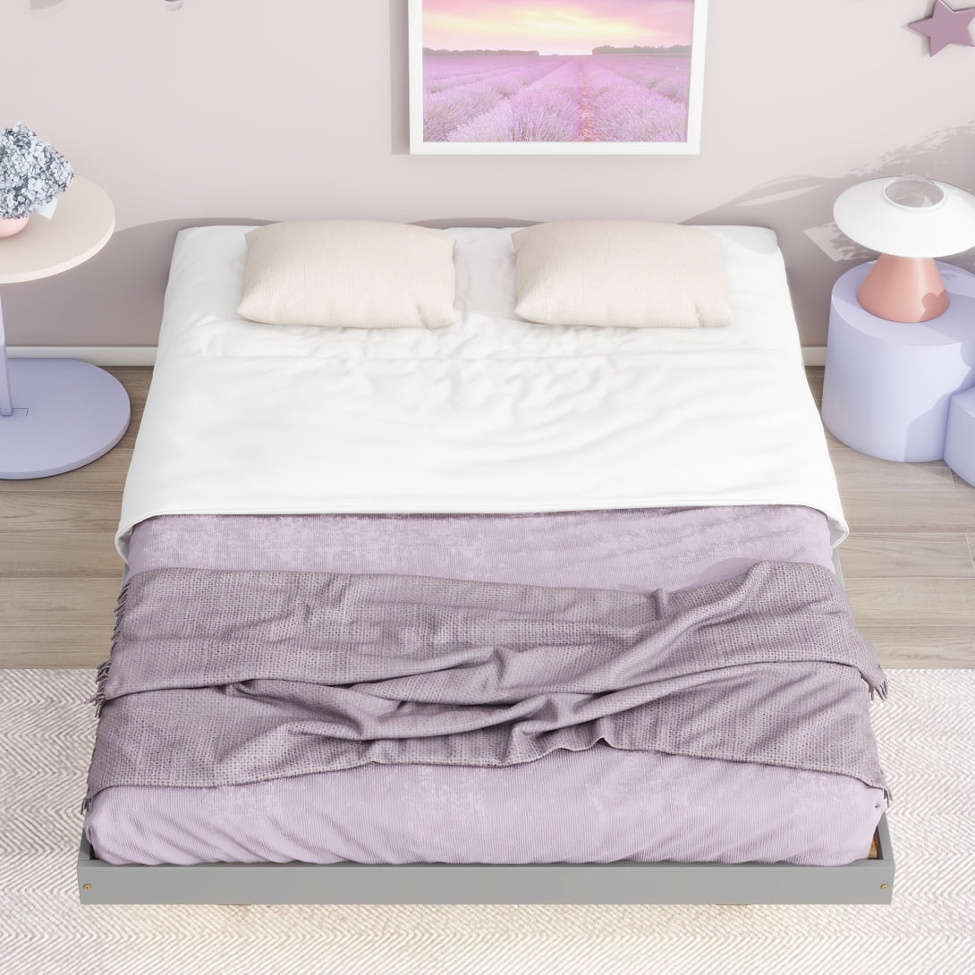 Full Size Grey Pinewood Floating Platform Bed with LED Lights B513552