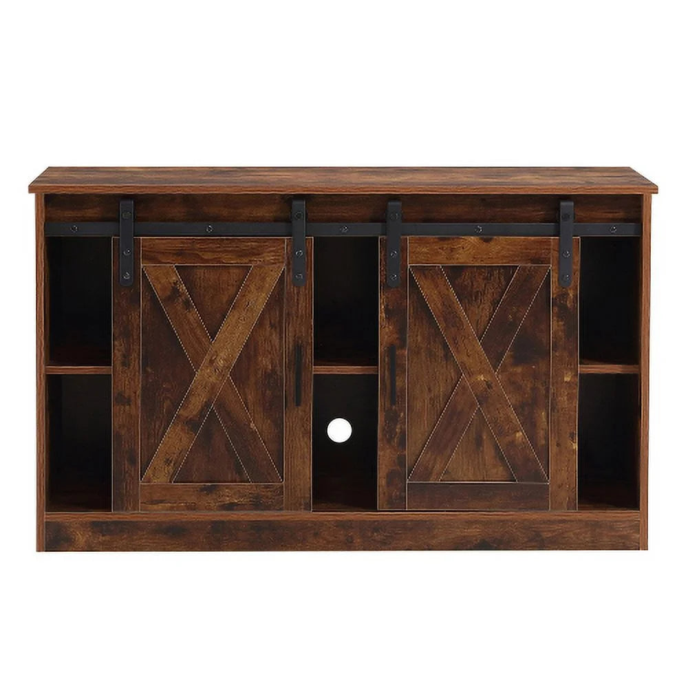 Wooden TV Stand with Storage Cabinet & 2 Sliding Barn Doors A30546