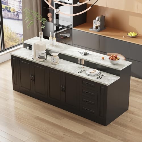 94.5" W Stationary Kitchen Island Storage Cabinet with Power Outlet, 3 Drawers, Black & Marble Grain S315
