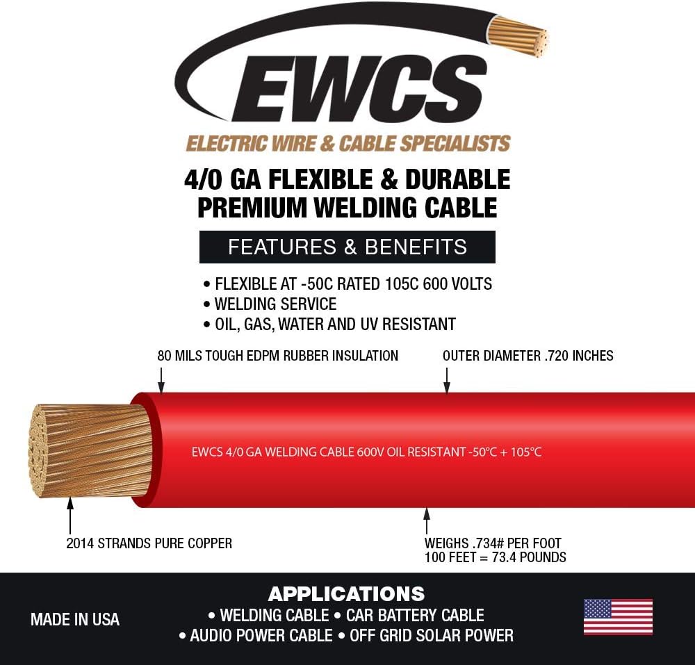 4/0 Gauge 25 Feet Red Copper Welding Cable 600 Volt O488771