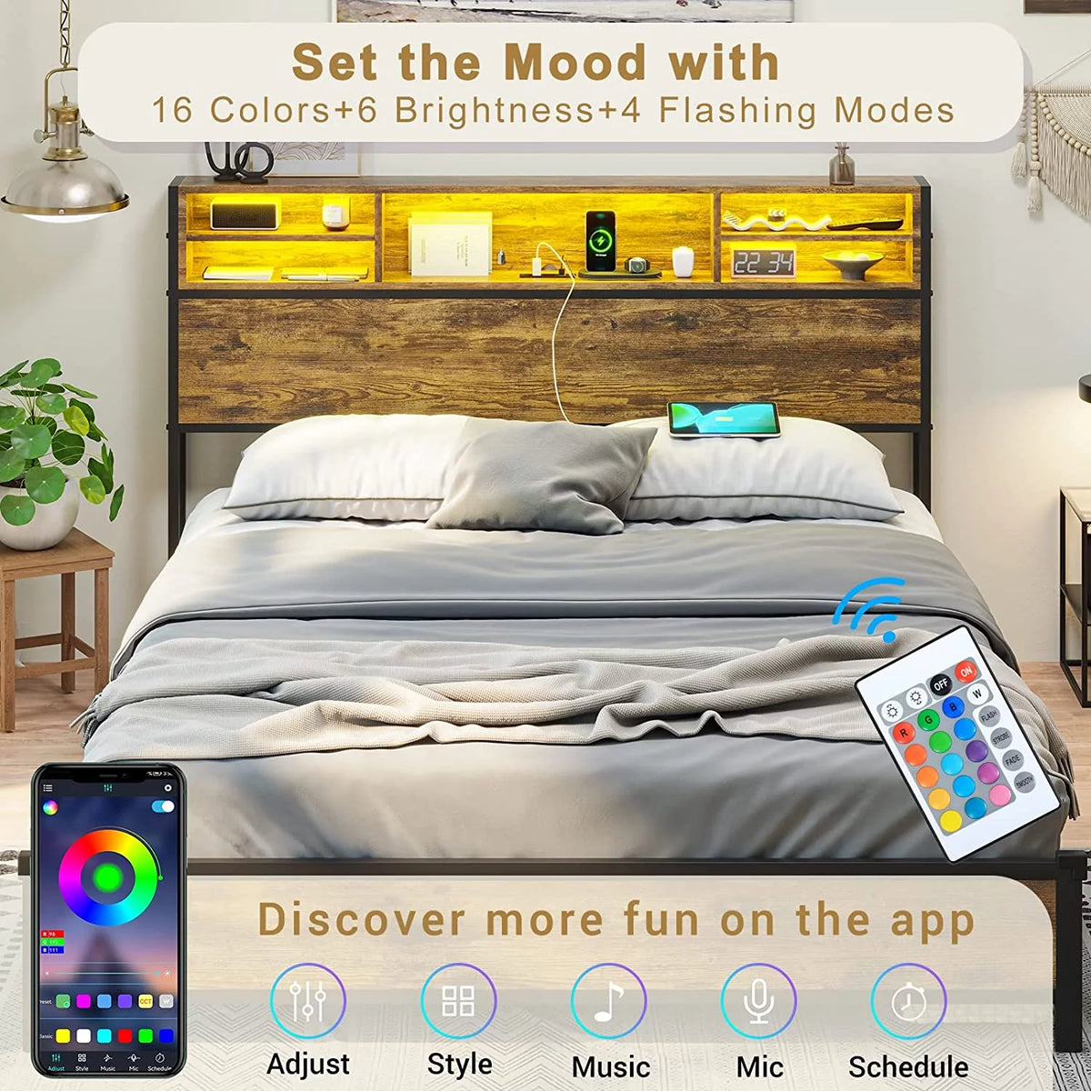 Brown LED Full Bed Frame with Outlets and Storage Drawers X24904