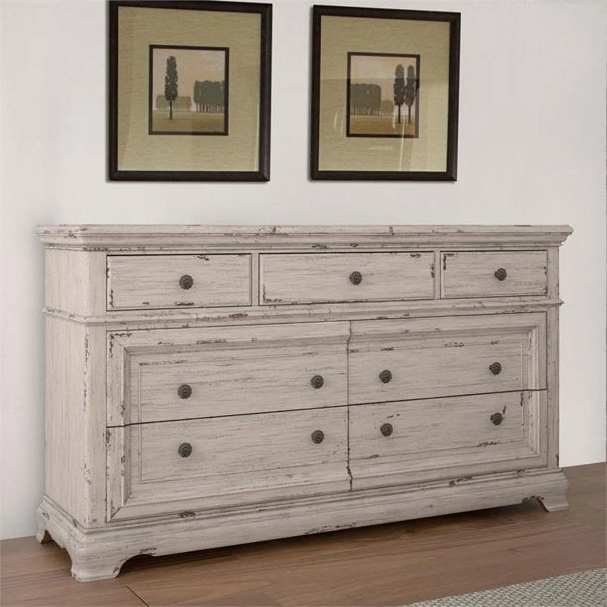 Antique White Wood Seven Drawer Dresser C5138
