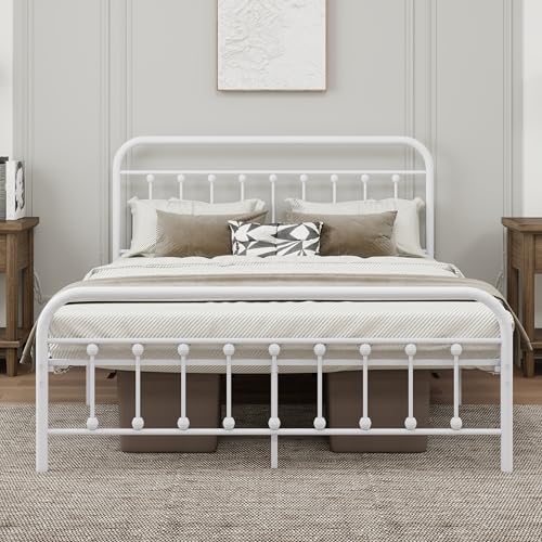 White Metal Full Size Bed Frame with Headboard Footboard T382