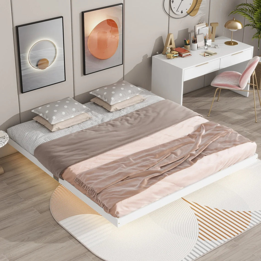 Full Size Grey Pinewood Floating Platform Bed with LED Lights B513552