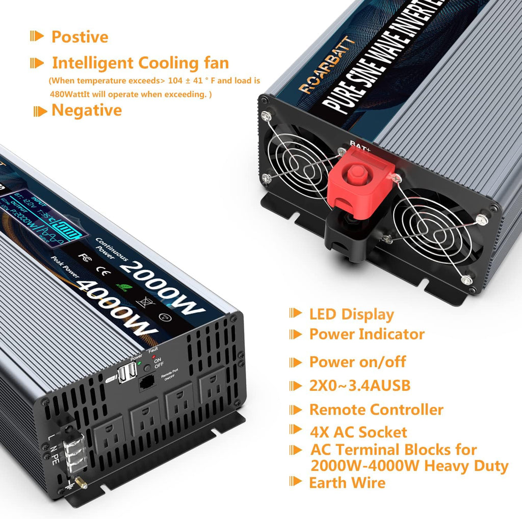 2000W Pure Sine Wave Power Inverter 12V to 110V/120V with Remote Q993244