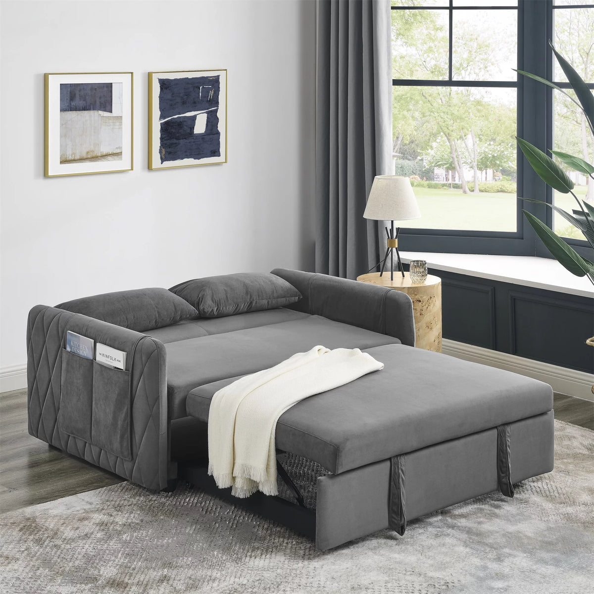 55" Velvet Pull Out Sofa Bed with 2 Pillows Y3819