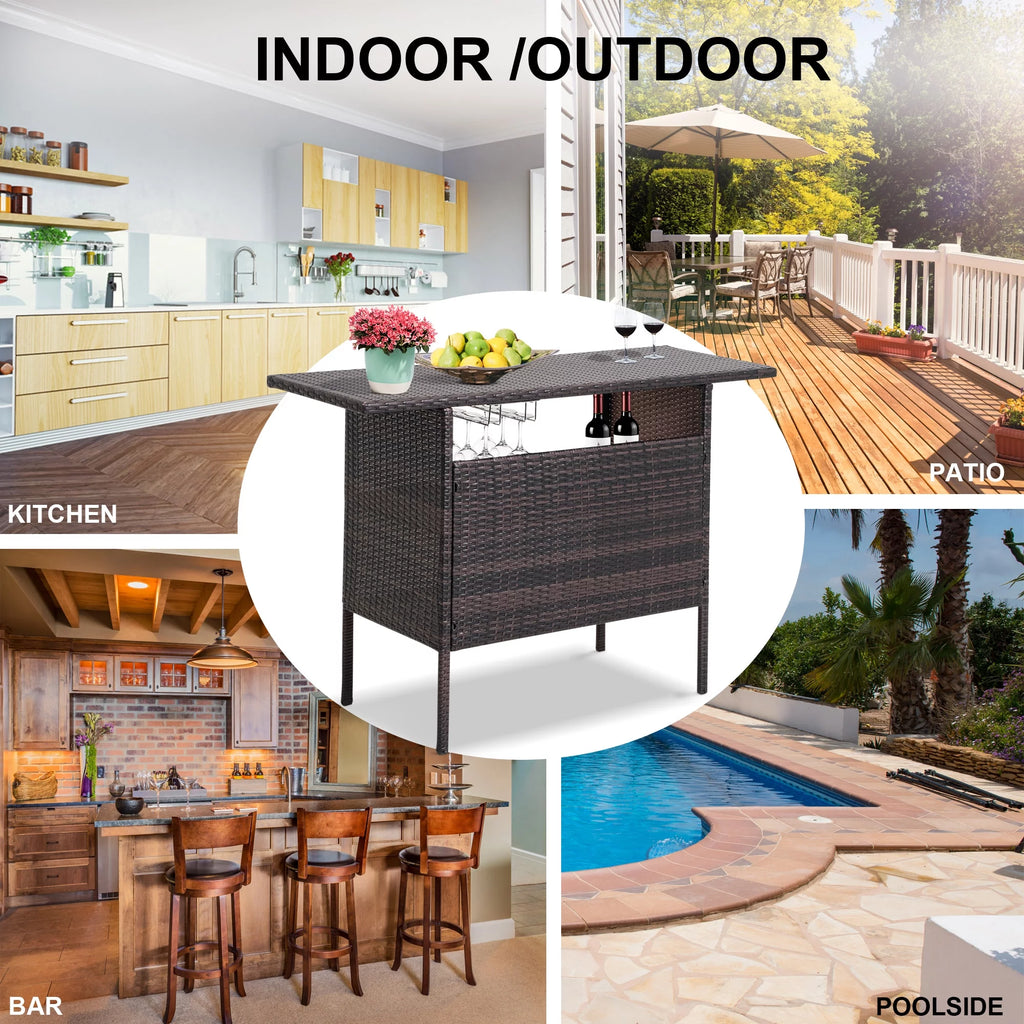 Outdoor Patio Wicker Bar with 2 Storage Shelves R390