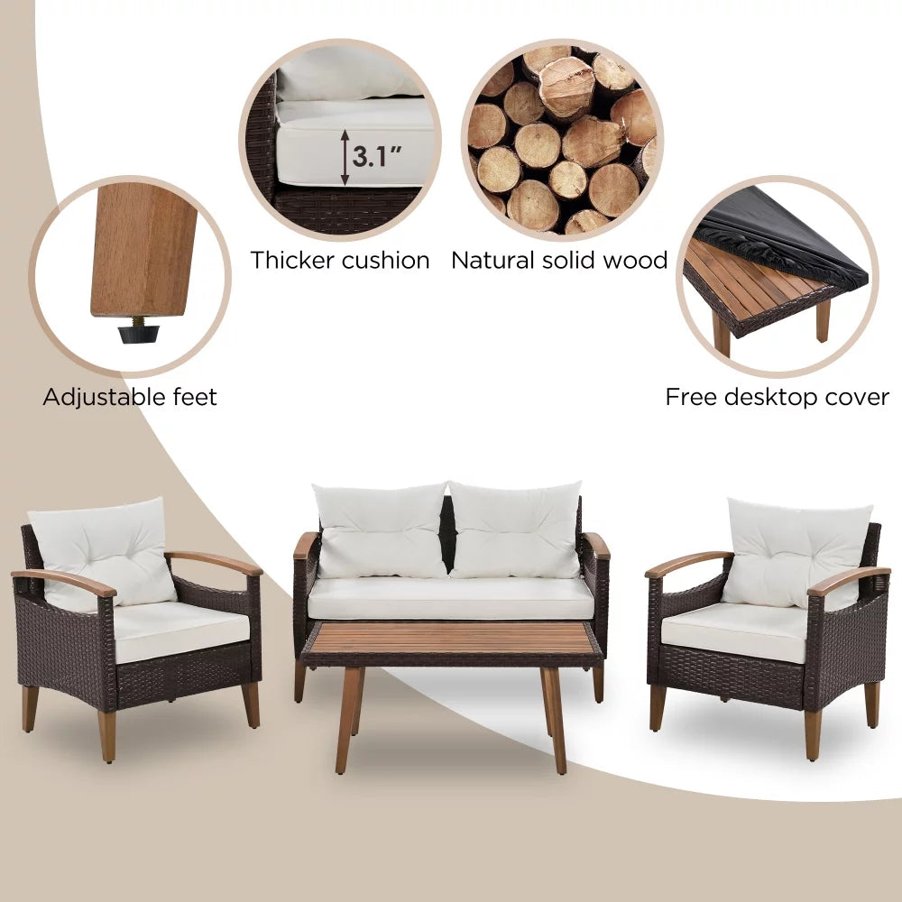 4-Piece PE Rattan Patio Conversation Set with Cushions and Dining Table E7236