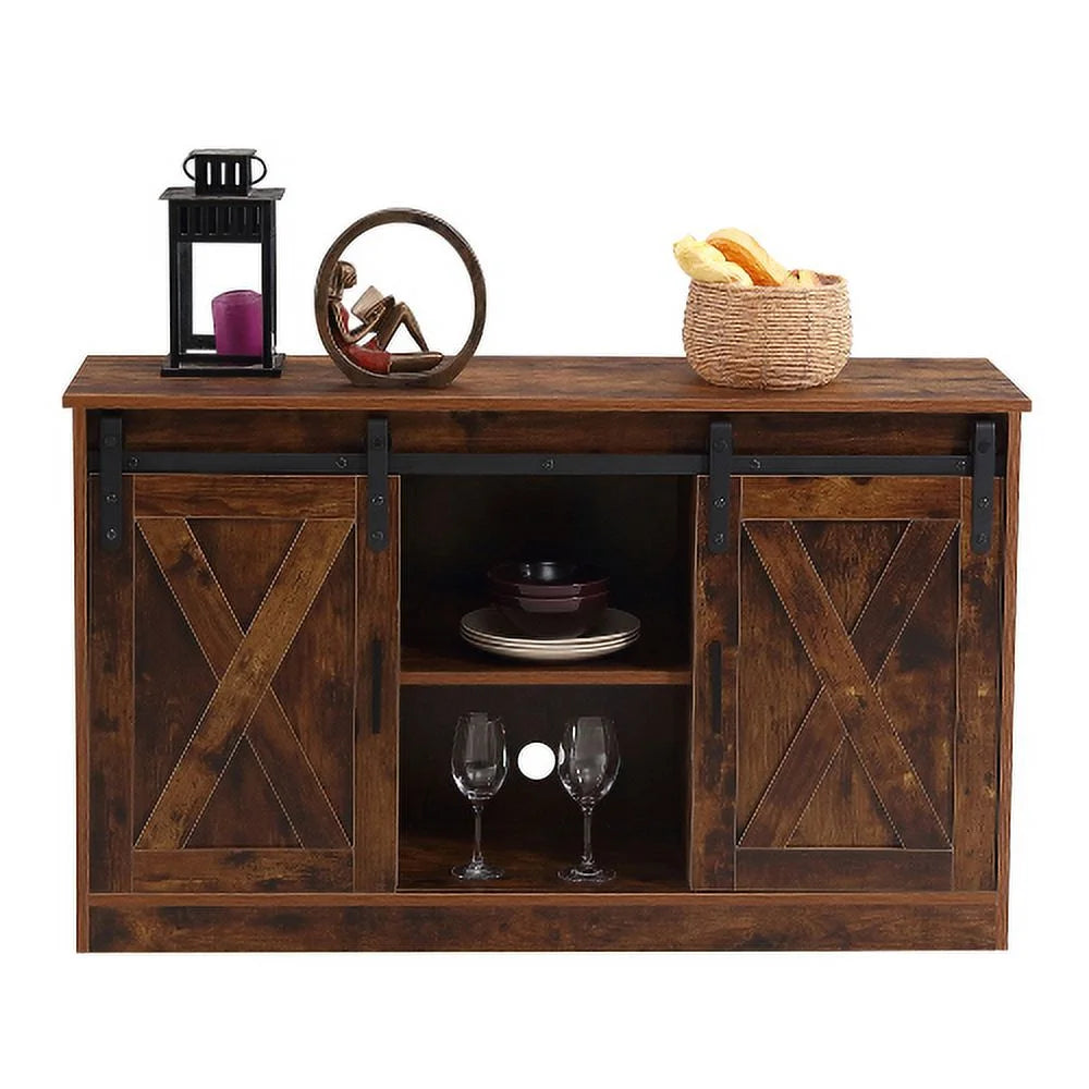 Wooden TV Stand with Storage Cabinet & 2 Sliding Barn Doors A30546