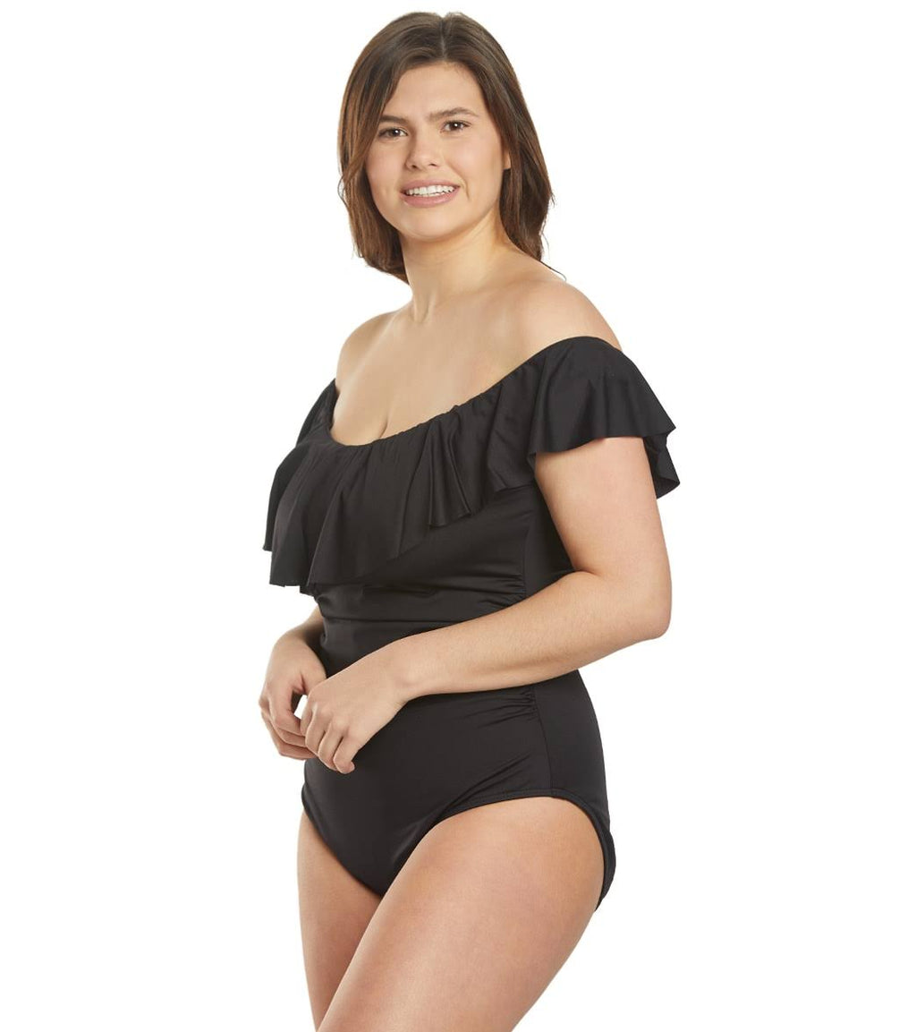 Plus Size Off-The-Shoulder One-Piece Swimsuit - Black S8787