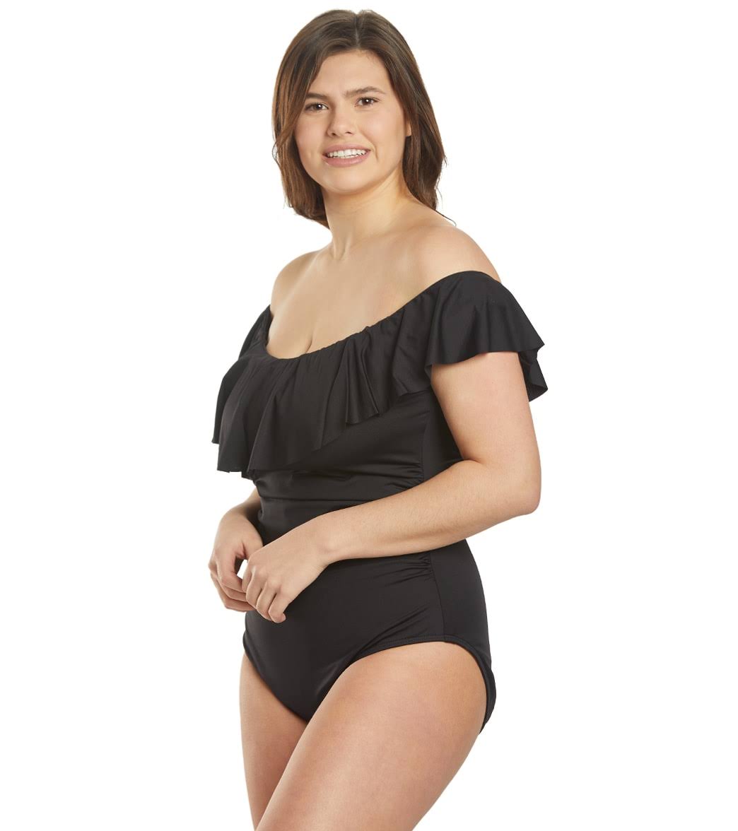 Plus Size Off-The-Shoulder One-Piece Swimsuit - Black S8787