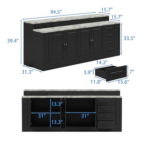 94.5" W Stationary Kitchen Island Storage Cabinet with Power Outlet, 3 Drawers, Black & Marble Grain S315