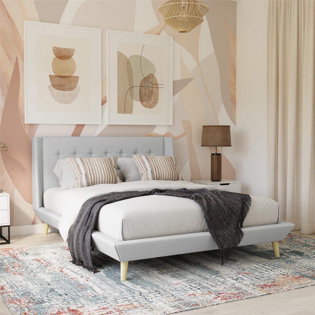 Queen Light Gray Linen Upholstered Bed E107057