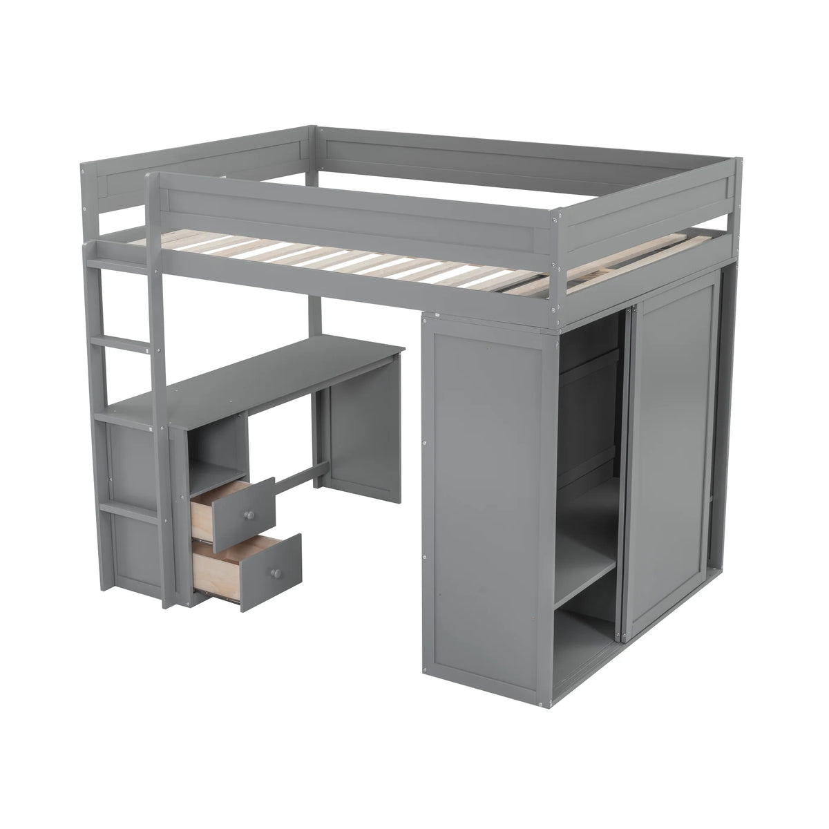 Wood Full Size Loft Bed with Storage Desk, Drawers and Wardrobe O753767