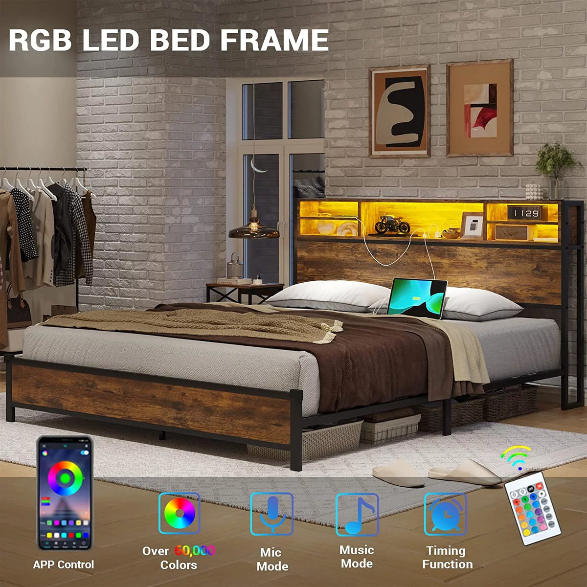 Brown LED Full Bed Frame with Outlets and Storage Drawers X24904