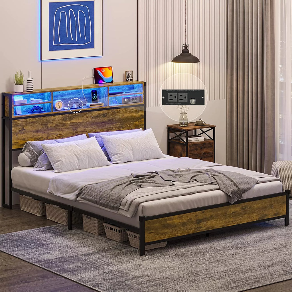 Brown LED Full Bed Frame with Outlets and Storage Drawers X24904