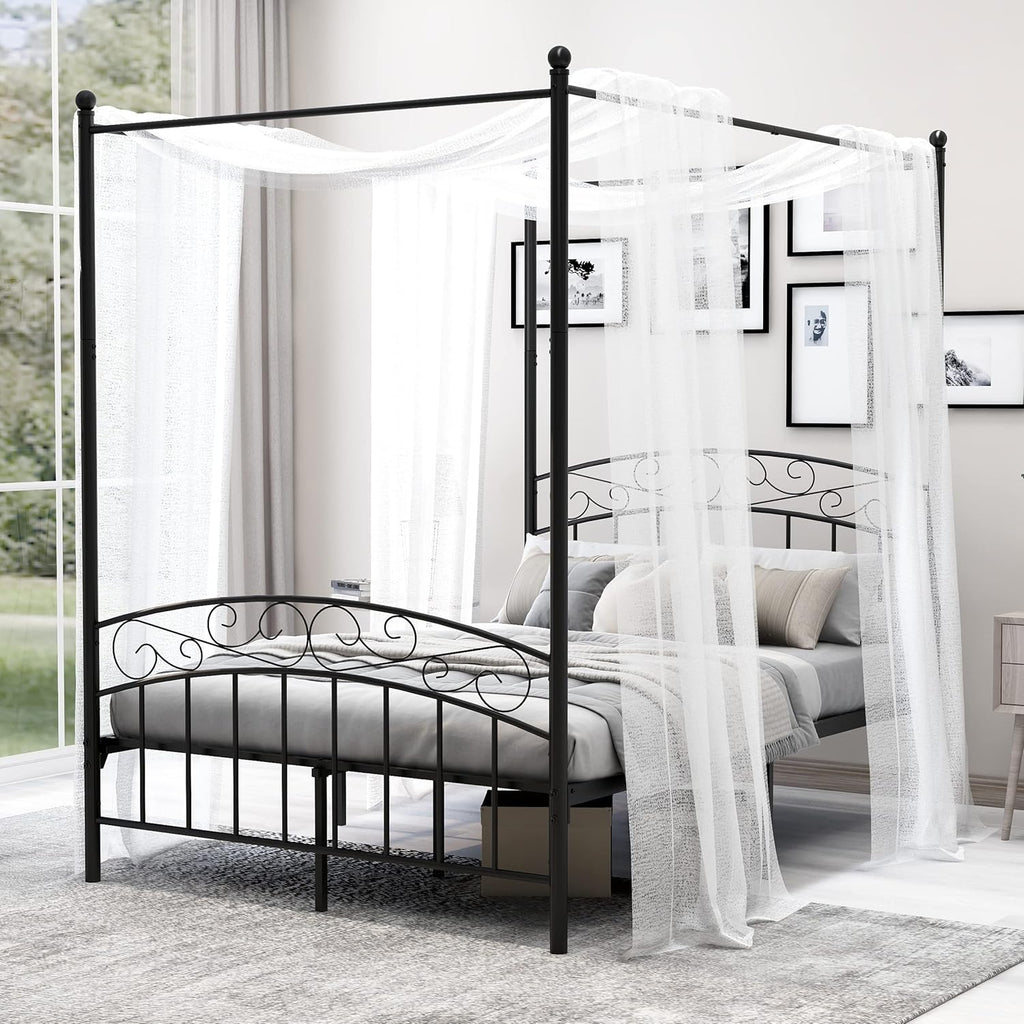 Queen Size White Metal Canopy Bed Frame with Headboard Z566600