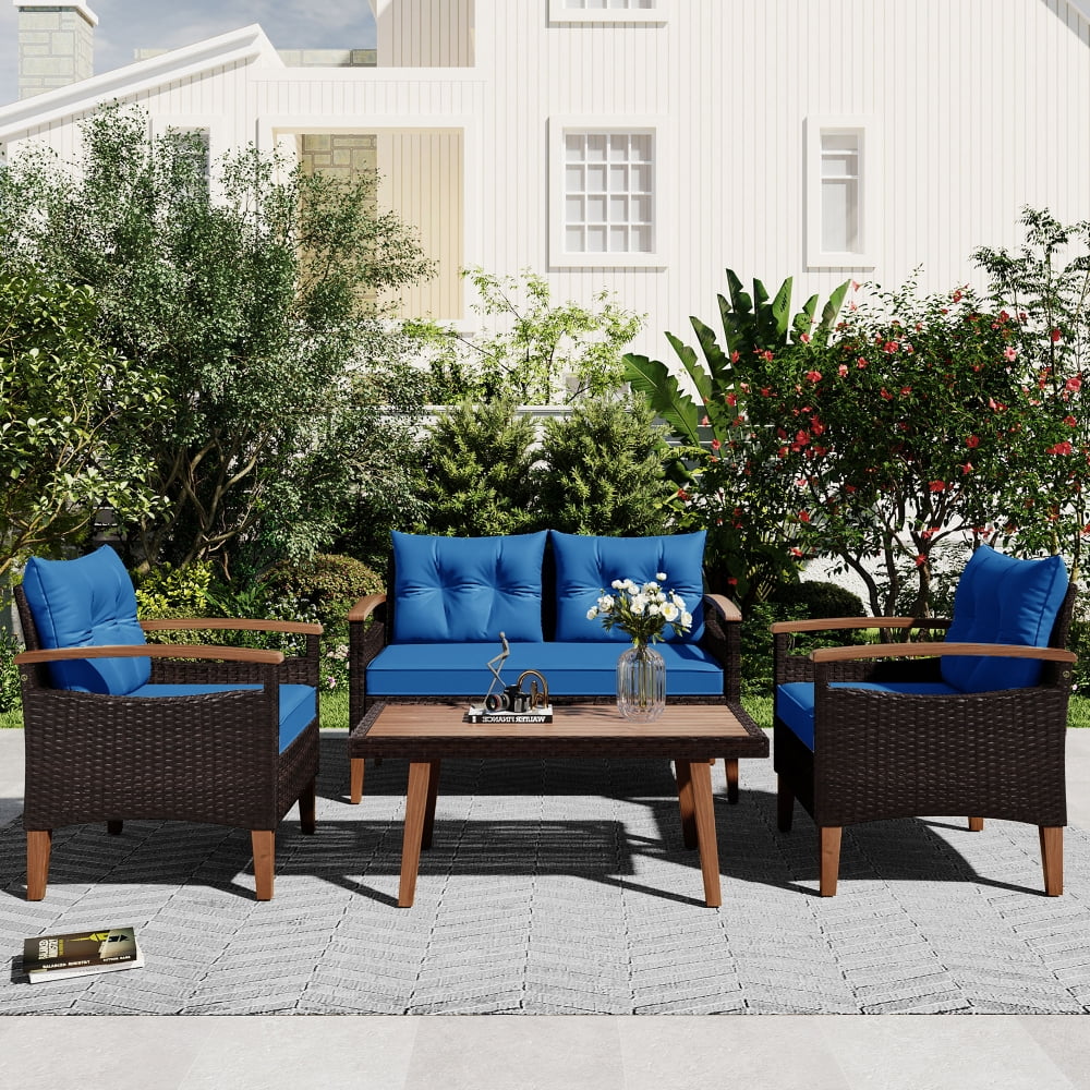 4-Piece PE Rattan Patio Conversation Set with Cushions and Dining Table E7236