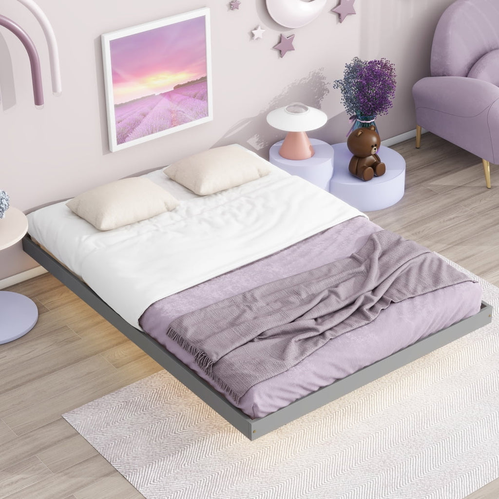 Full Size Grey Pinewood Floating Platform Bed with LED Lights B513552