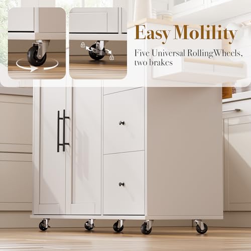 White Rolling Kitchen Island with Storage R5530