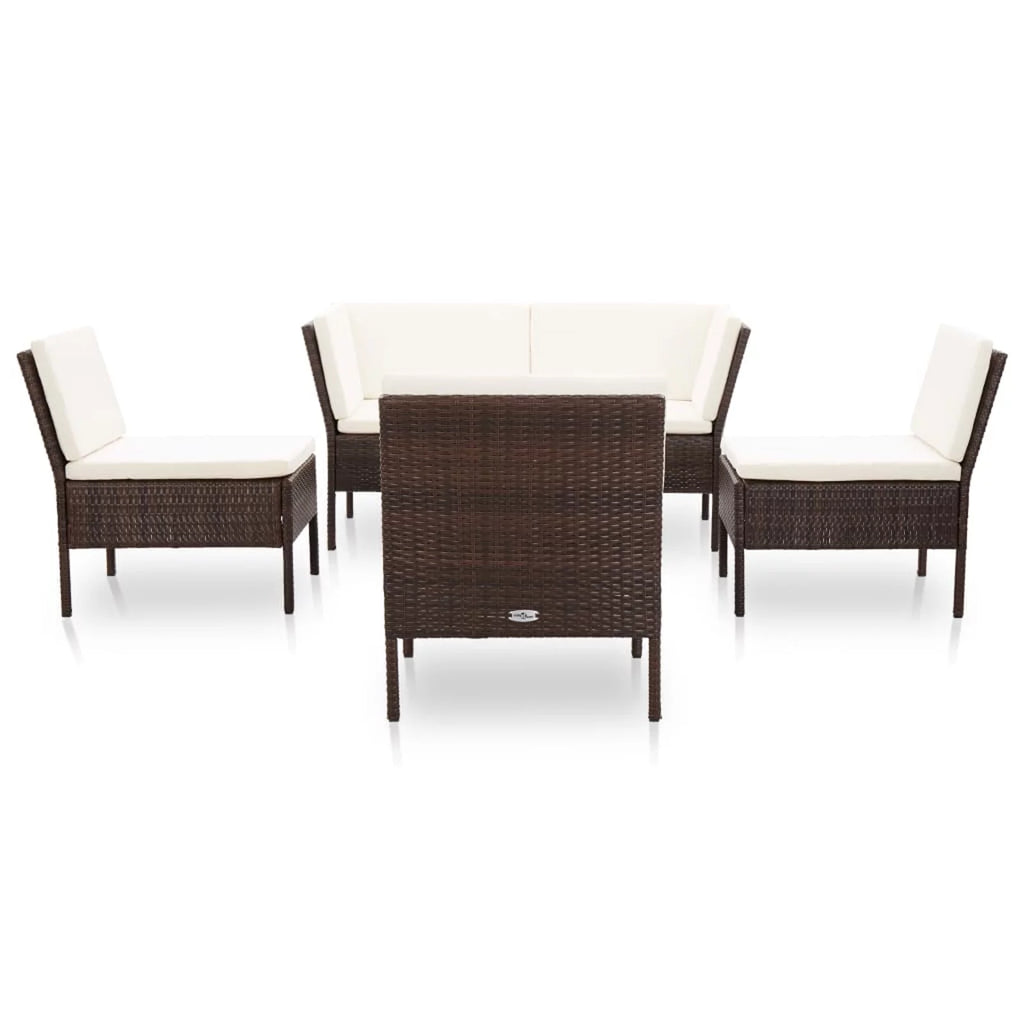 6 Piece White Cushioned Brown Poly Rattan Outdoor Conversation Set T705