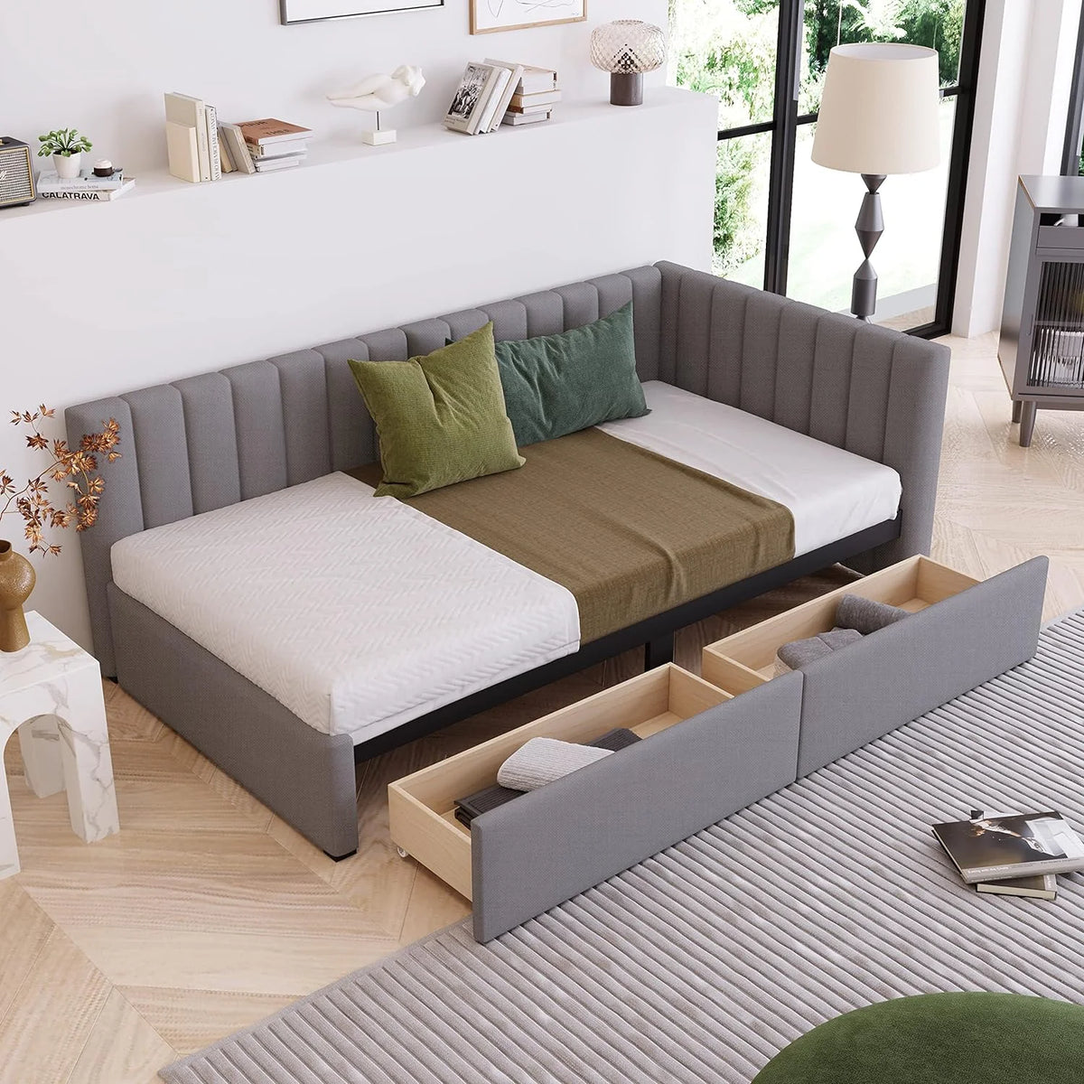 Gray Linen Upholstered Daybed with 2 Storage Drawers C8051
