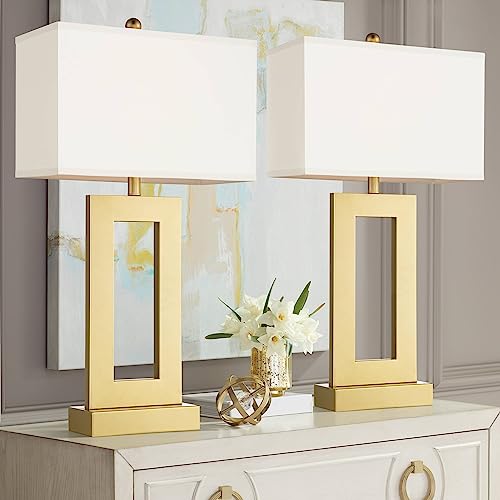 Set of 2 Gold Metal End Table Lamps with White Shade M21575
