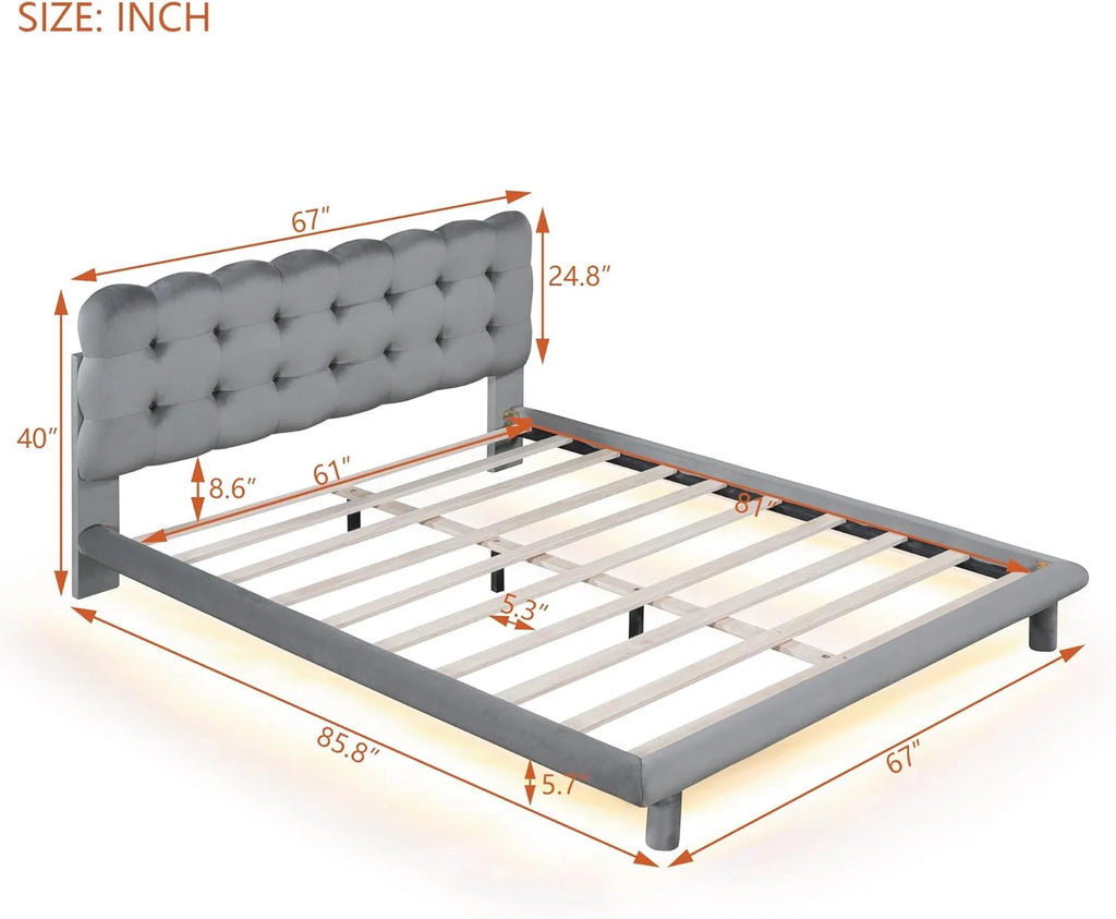 Gray Velvet Upholstered Platform Bed Frame with LED S45028