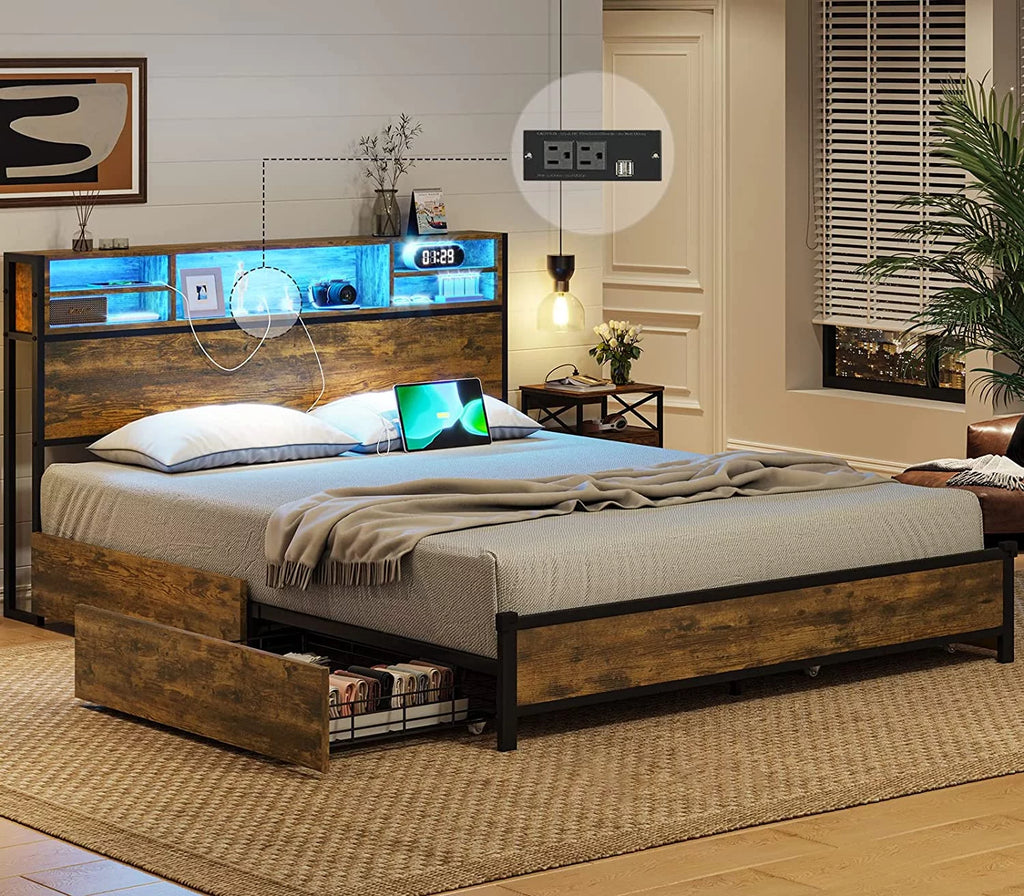 Brown LED Full Bed Frame with Outlets and Storage Drawers X24904