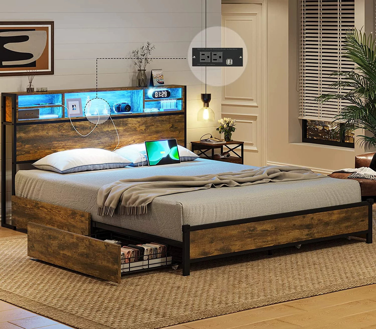 Brown LED Full Bed Frame with Outlets and Storage Drawers X24904