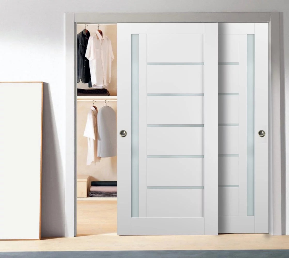 60 x 96 White Silk Frosted Glass Sliding Closet Bypass Doors T6517