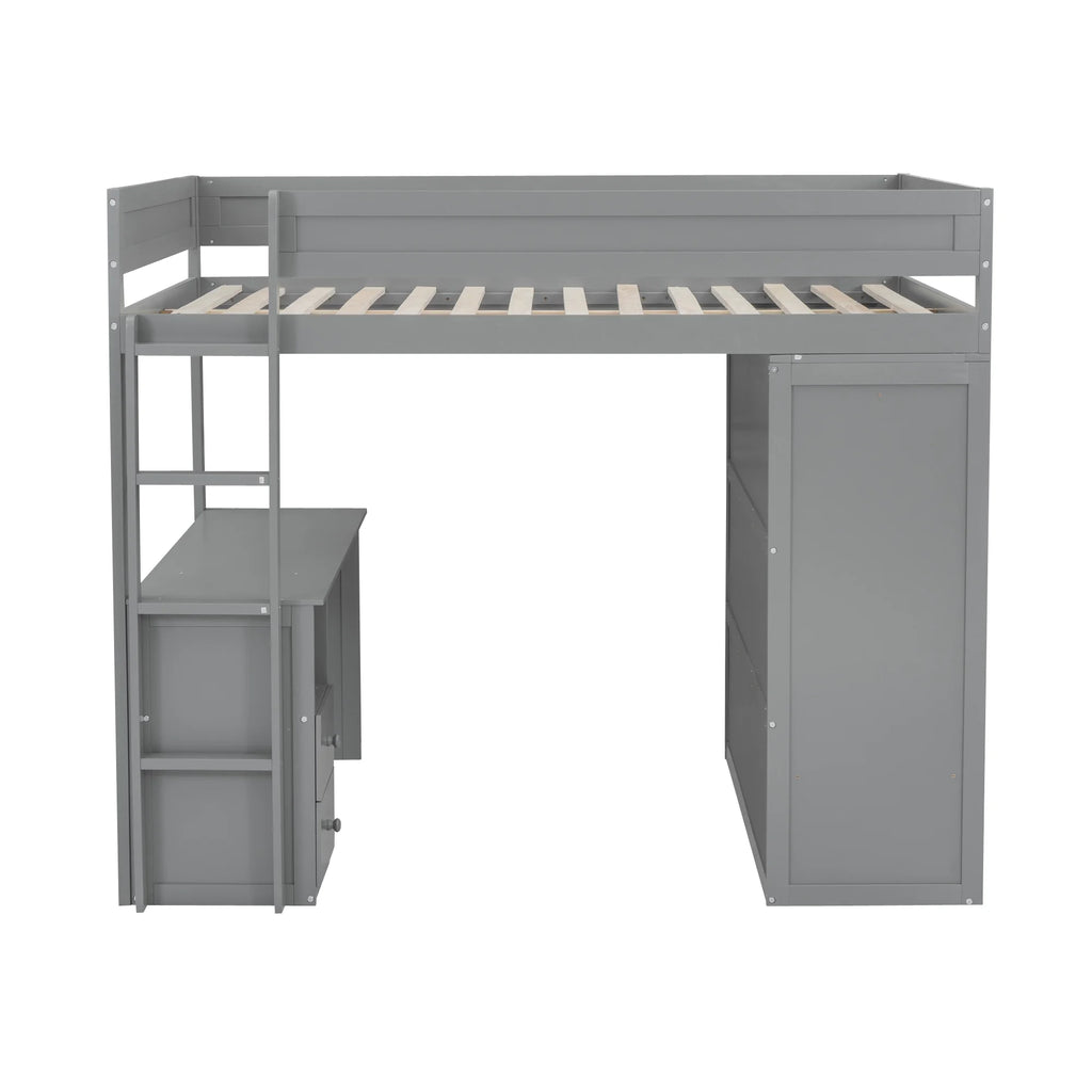 Wood Full Size Loft Bed with Storage Desk, Drawers and Wardrobe O753767