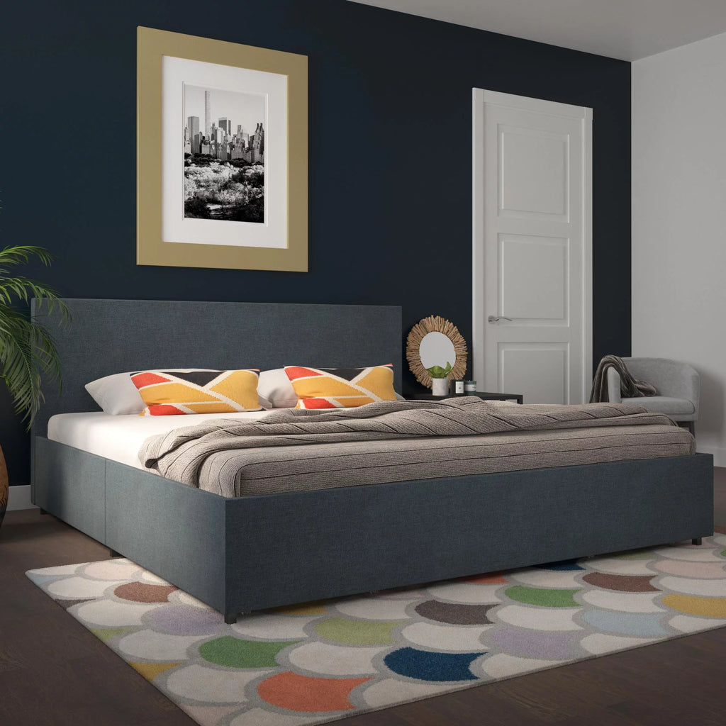Dark Grey Linen Upholstered Storage Bed Frame A627