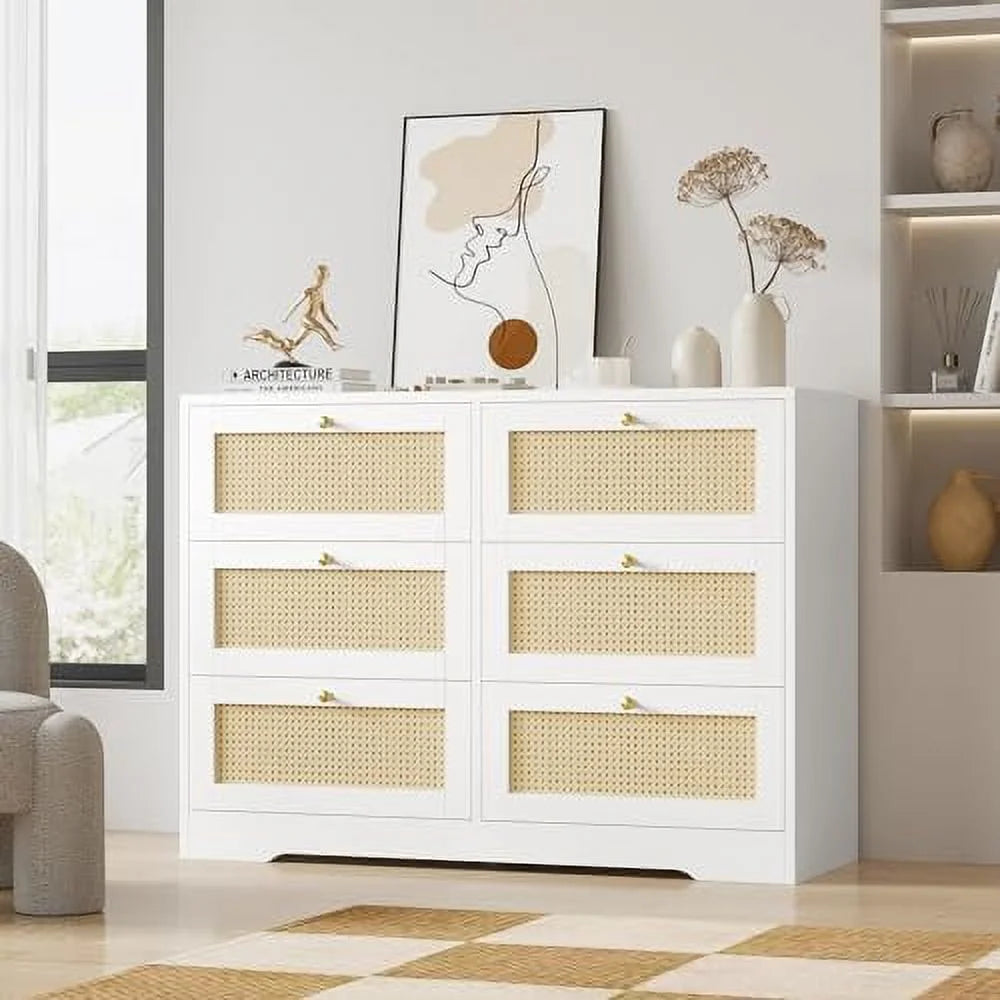 White 6 Drawer Rattan Dresser X658106