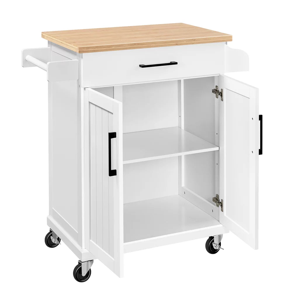White Rolling Kitchen Cart with Storage and Spice Rack B9630