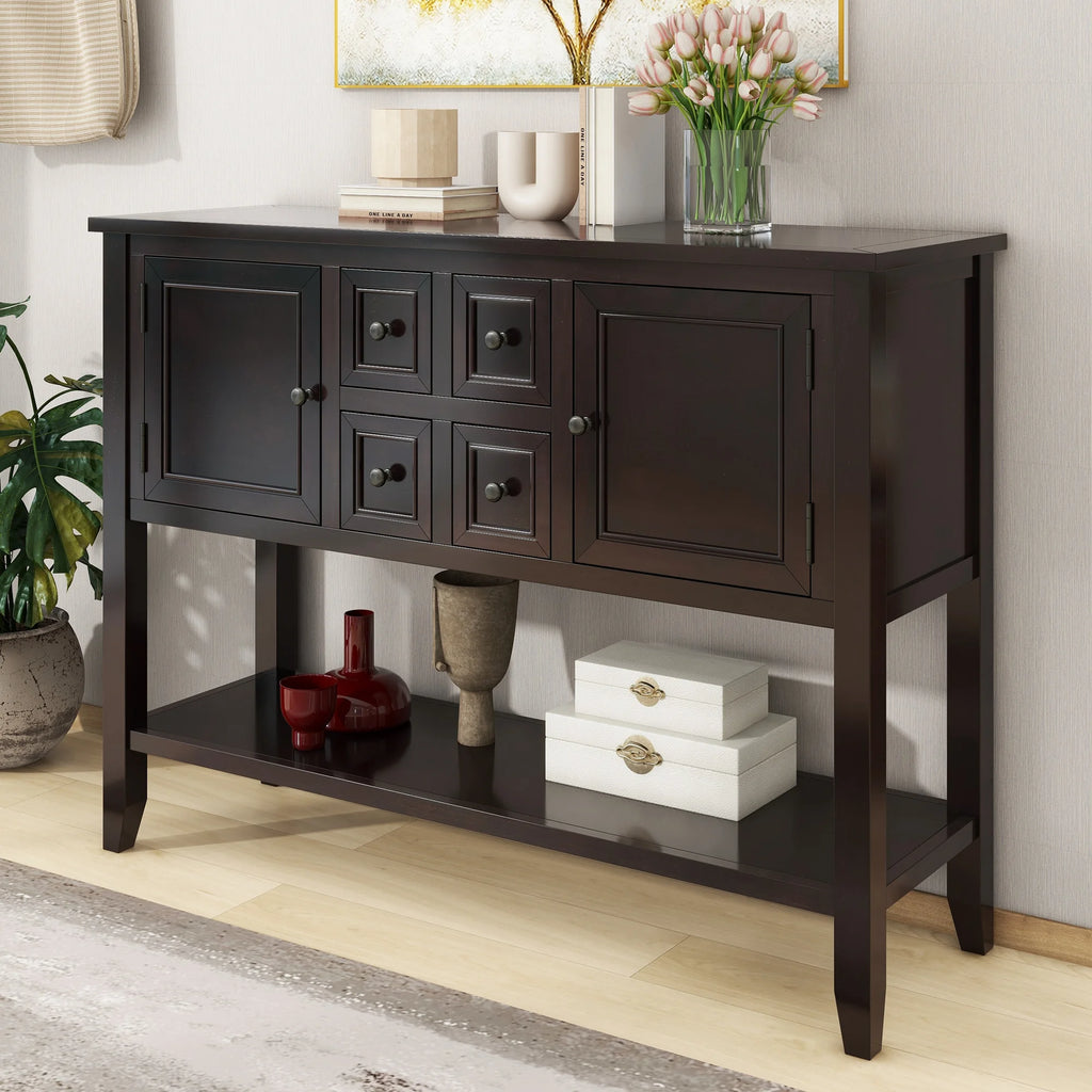 Vintage Console Table with Four Drawers and Bottom Shelf, Espresso T714