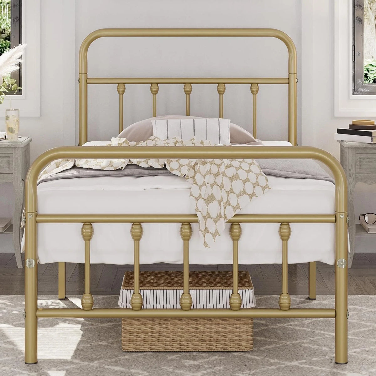 Metal Platform Bed Frame with Victorian Style Headboard Twin XL Size Antique Gold C8175