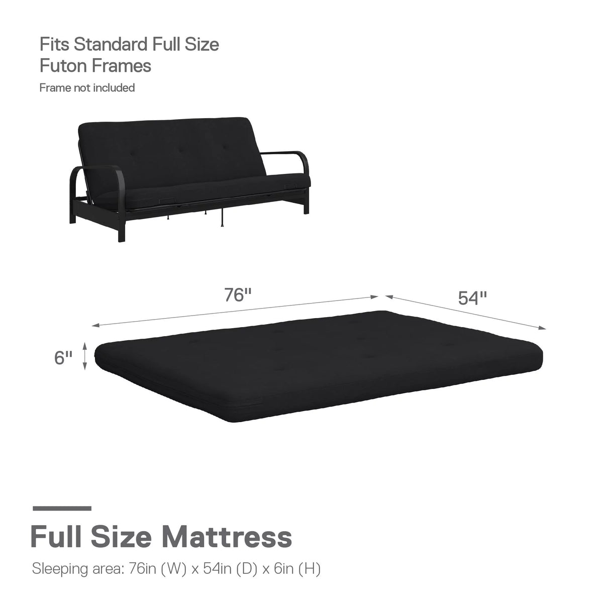 6-Inch Futon Mattress with Tufted Cover, Full, Black Linen Z30815