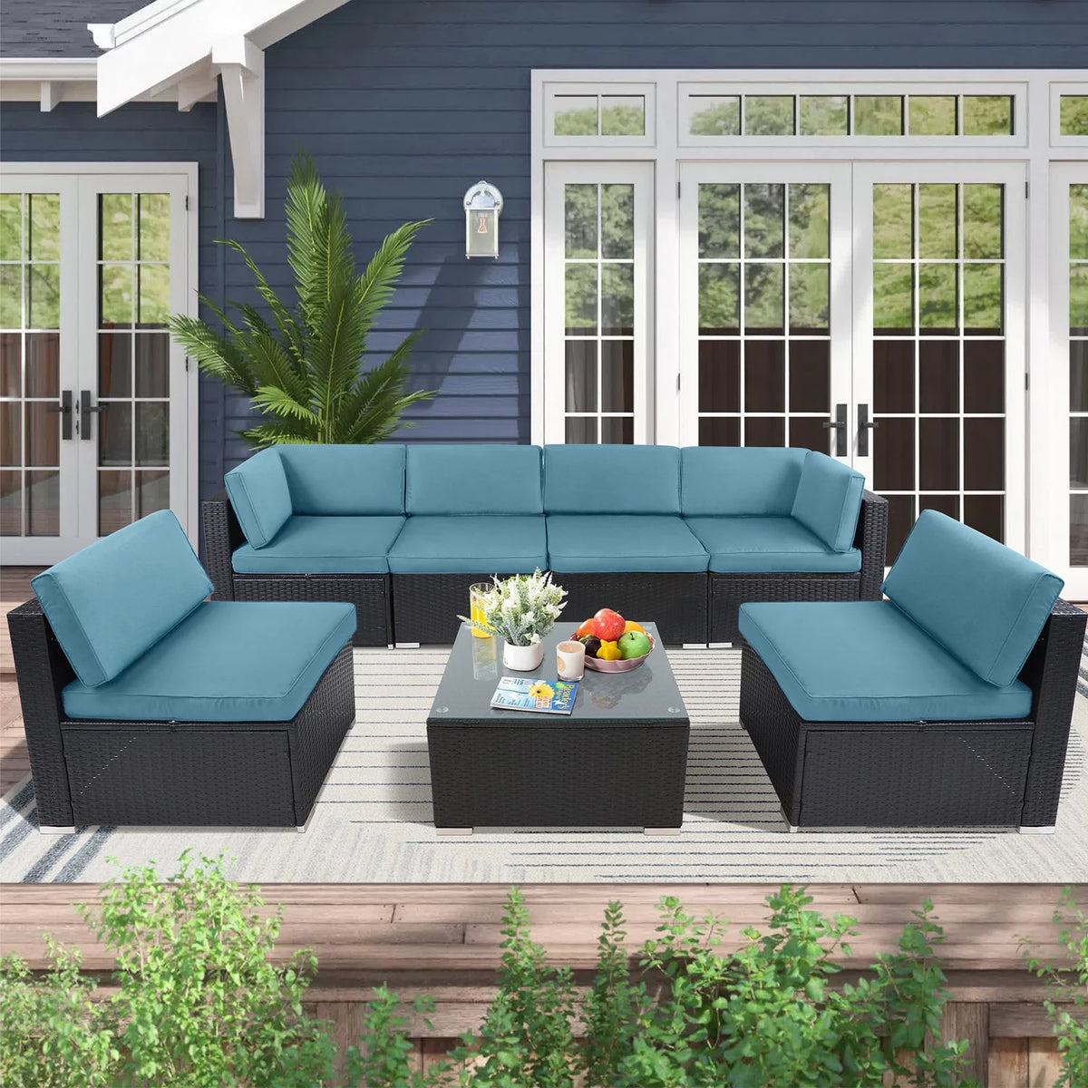 7-Pieces Wicker Outdoor Sectional Sofa Set with Haze Blue Cushions I76713