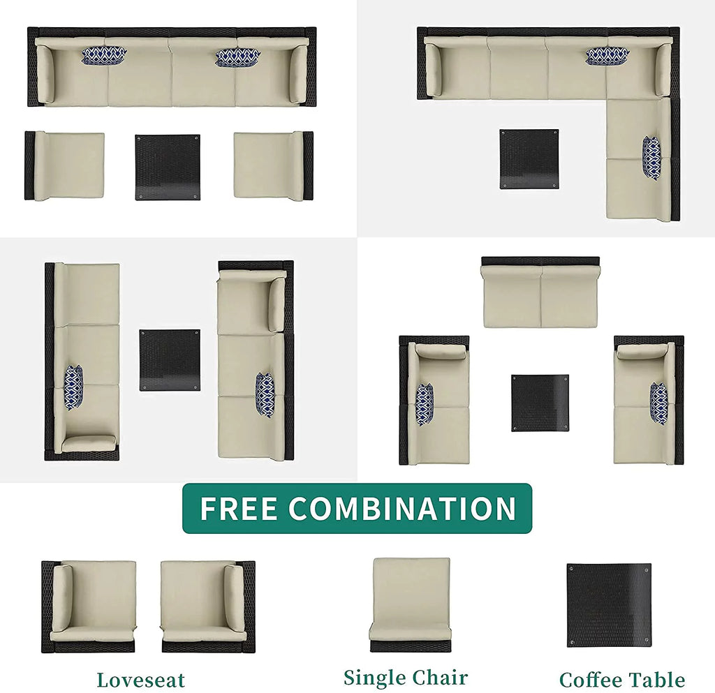 7 Piece PE Rattan Wicker Sectional Sofa Set with Table Cushions P676865