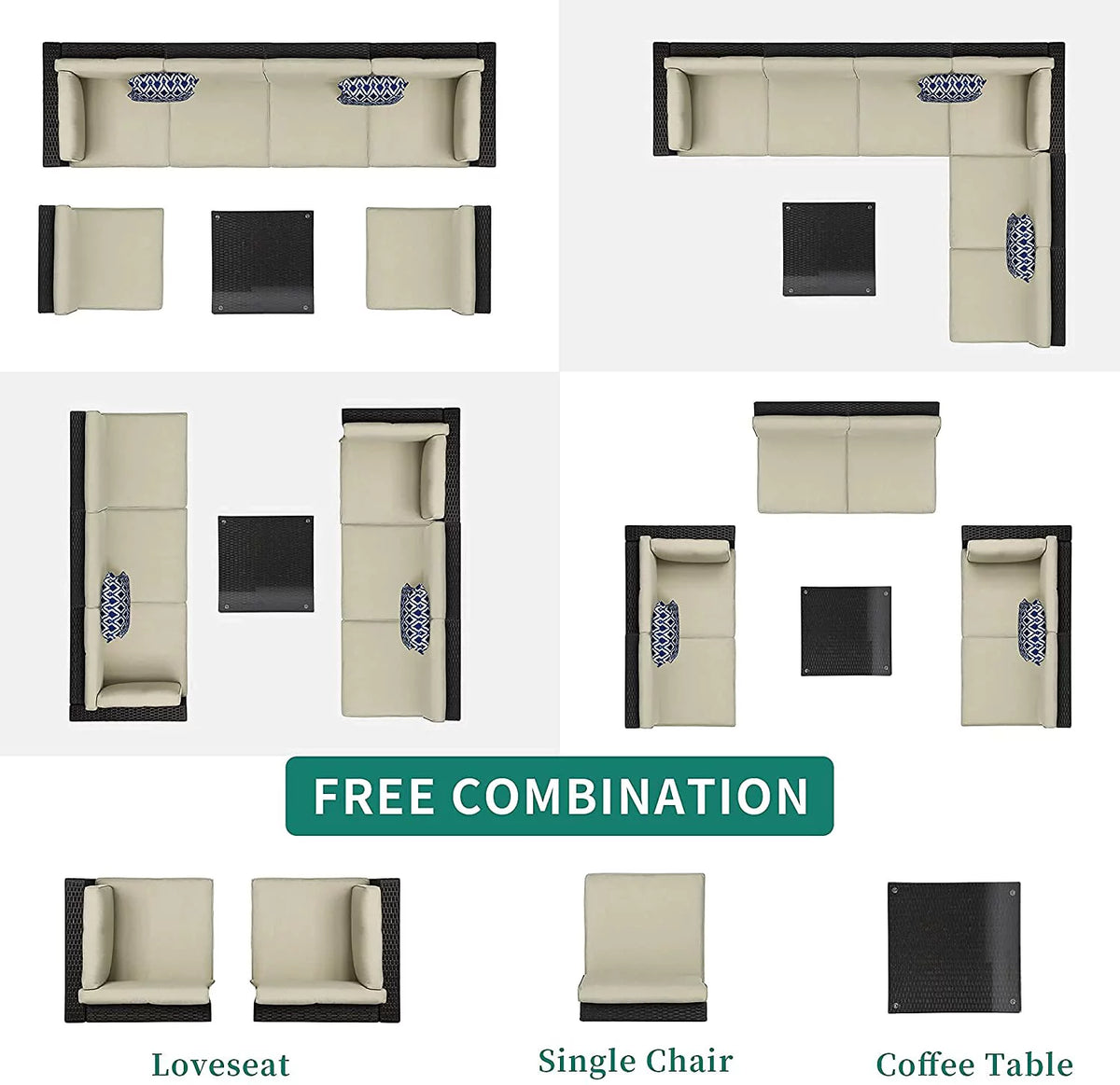 7 Piece PE Rattan Wicker Sectional Sofa Set with Table Cushions P676865