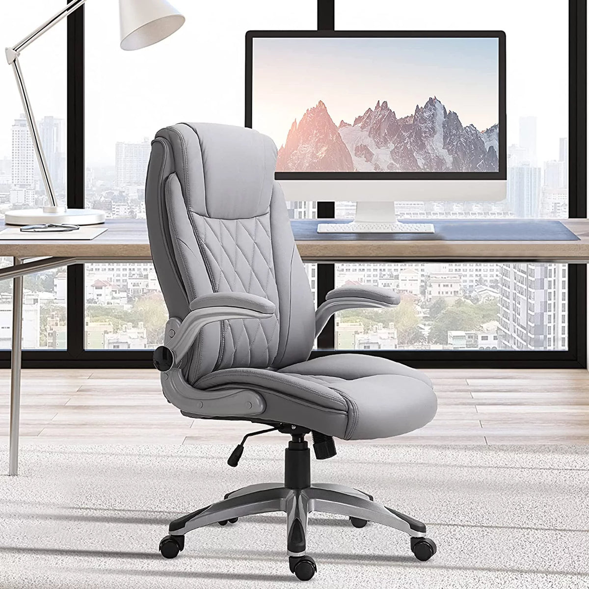 Grey Faux Leather Ergonomic Home Office Chair with Flip Up Arms A191040