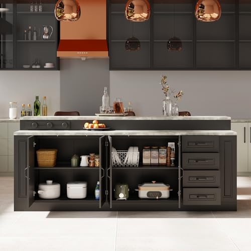 94.5" W Stationary Kitchen Island Storage Cabinet with Power Outlet, 3 Drawers, Black & Marble Grain S315