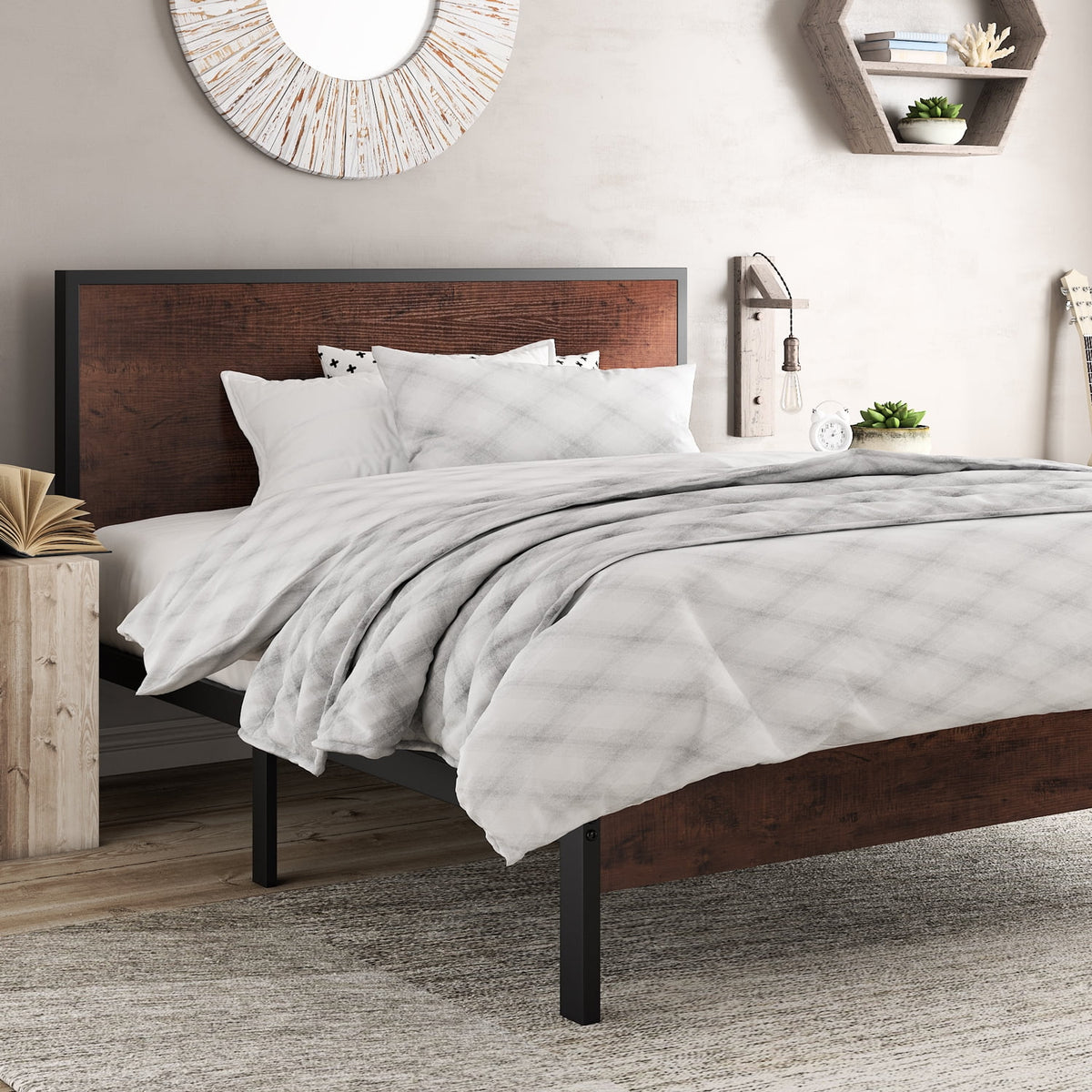 Queen Size Platform Bed Frame with Wood Headboard H465152