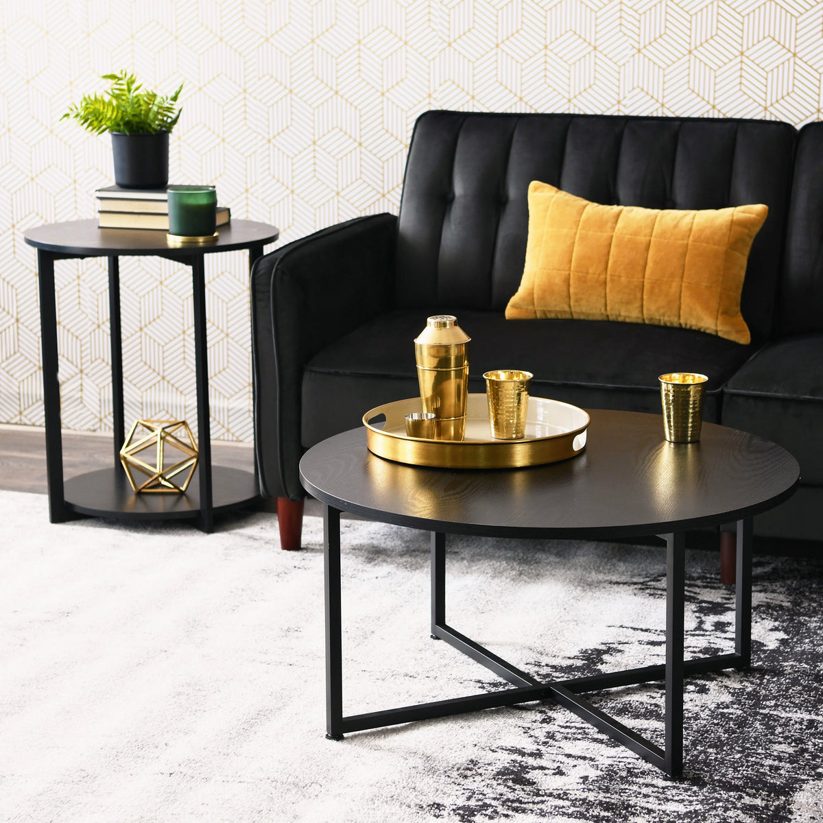 Round Coffee Table with Steel Frame and Faux Distressed Wood Finish L17716