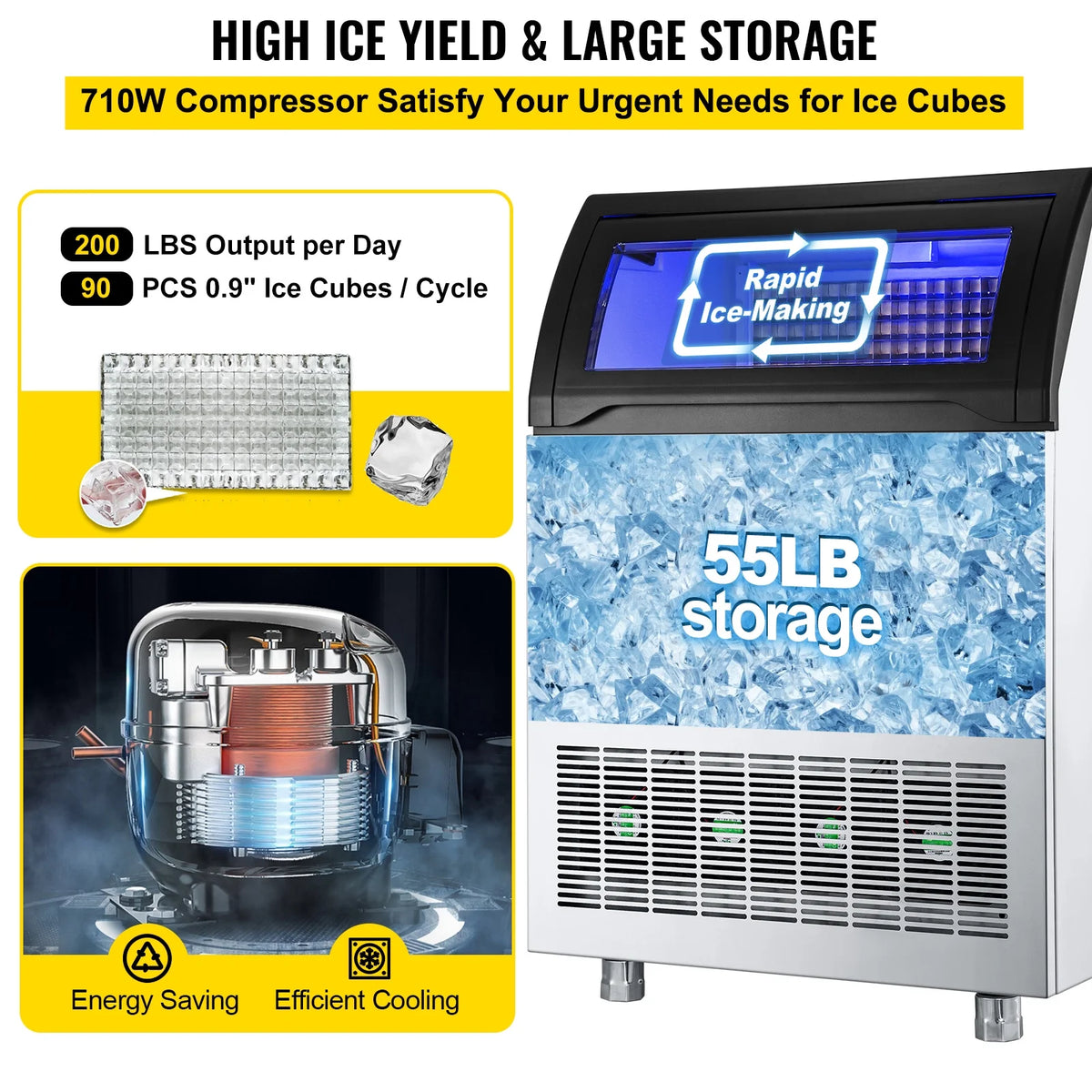 Commercial Ice Maker 200LBS/24H 55LBS Storage Q555