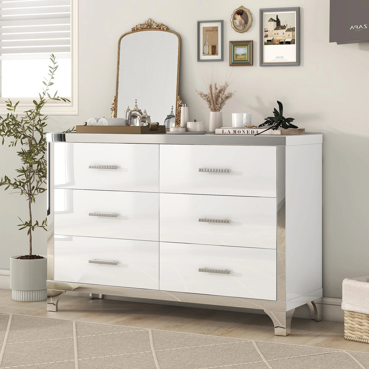 White High Gloss 6 Drawer Dresser with Metal Handle Q12213