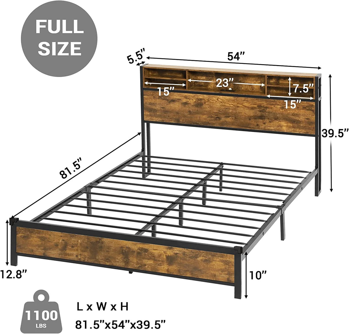 Brown LED Full Bed Frame with Outlets and Storage Drawers X24904