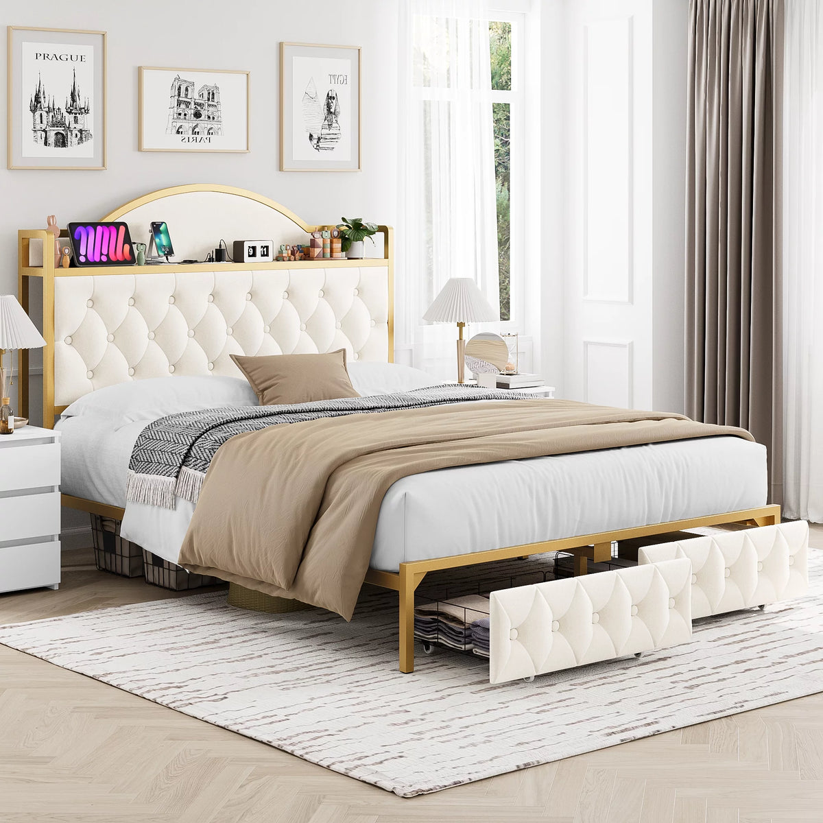 White Queen Size Storage Bed with 2 Drawers T8141